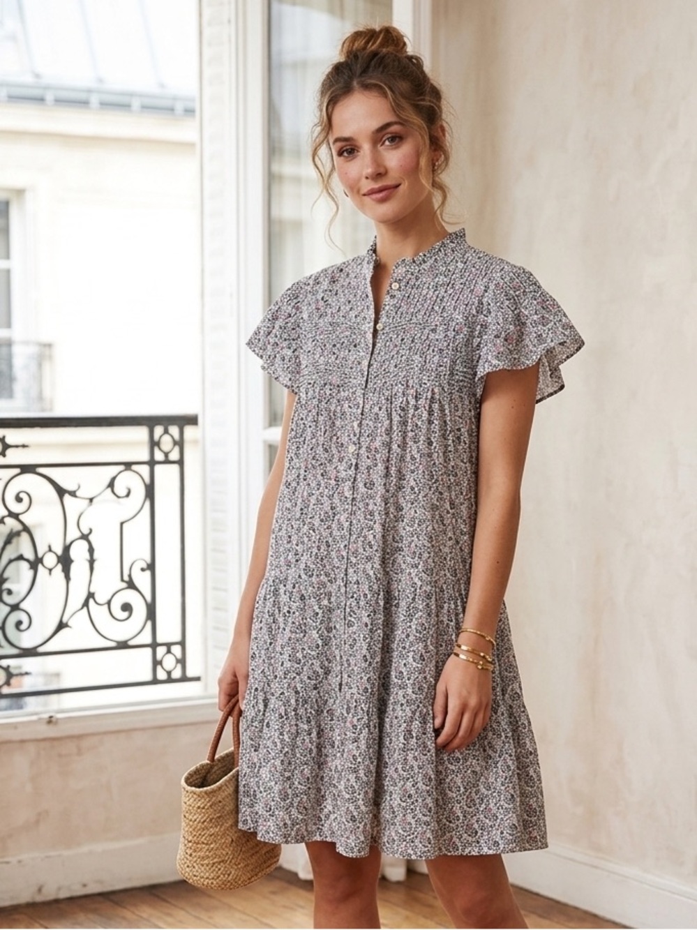ISABEL MARANT ÉTOILE Floral Pintuck Tiered Mini Dress EU 40 24” p2p White Multi